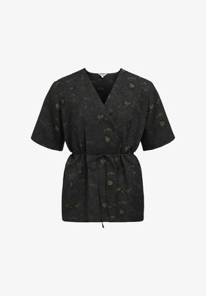 Blusa nera avvolgente con maniche corte, vita regolabile con cordino e una sottile texture floreale con accenti verdi e dorati.