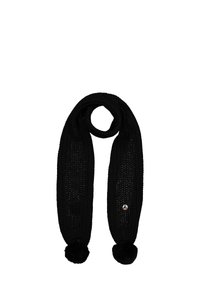 Bufanda negra de punto con un patrón texturizado y dos pompones esponjosos en cada extremo. Incluye una pequeña etiqueta con el logo cerca de un extremo.