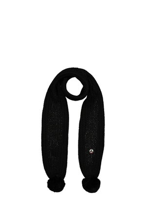 Bufanda negra de punto con un patrón texturizado y dos pompones esponjosos en cada extremo. Incluye una pequeña etiqueta con el logo cerca de un extremo.