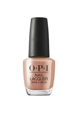 Flacon de vernis à ongles de la marque OPI avec un vernis rose nude et un bouchon noir texturé sur fond blanc.