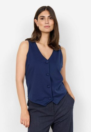 Navy blue sleeveless top with a V-neckline and five button closure, made from a smooth fabric. Features a relaxed fit and curved hem.