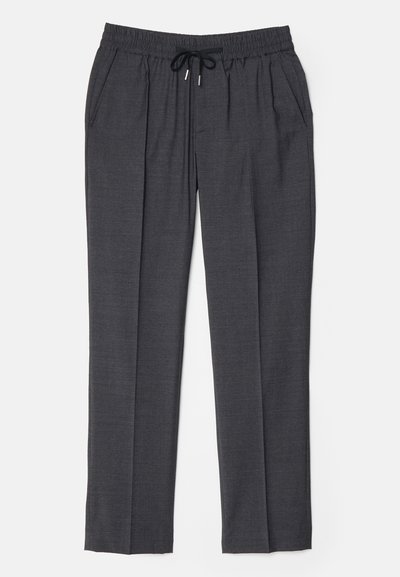 Temno sivi hlače z elastiko v pasu in črno vrvico, stranskimi žepi in ravnim krojem.