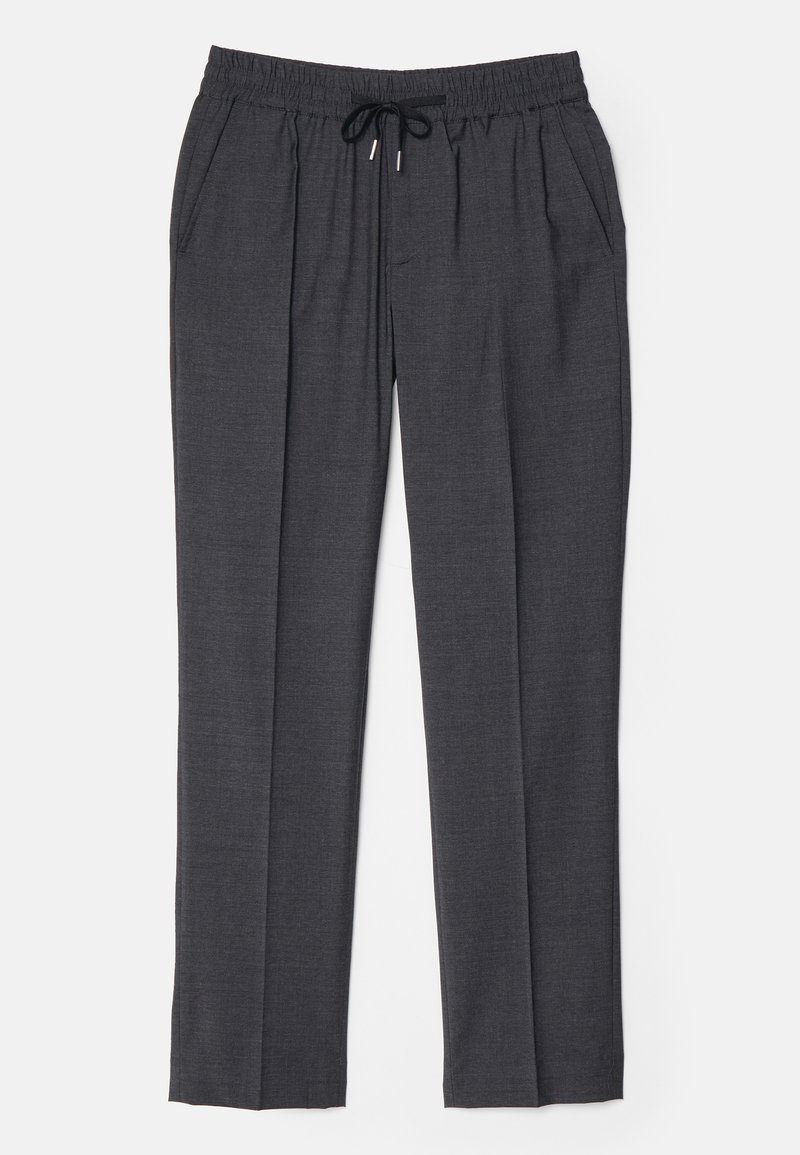 Dunkelgraue elastische Hosen mit schwarzem Zugband, seitlichen Taschen und geradem Bein Schnitt.