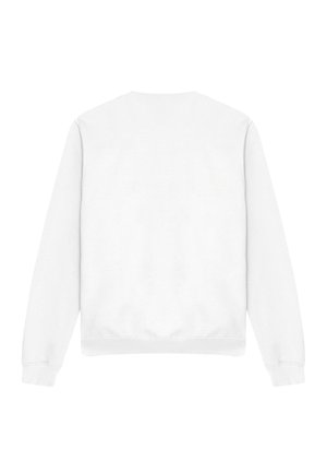 Plain white long-sleeve crewneck sweatshirt shown from the back with ribbed cuffs and hem, no visible logos or designs.