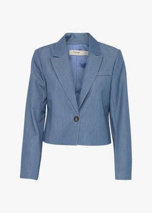 Hervorgehobene blaue Blazerjacke mit Reverskragen, einreihiger Knopfschluss und strukturiertem Stoff. Enthält eine Tasche auf der linken Vorderseite.