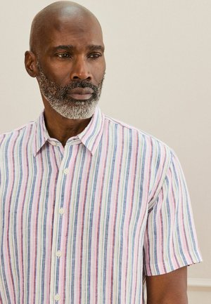 Középkorú férfi só-bors szakállal, rövid ujjú, gombos ingben, függőleges pasztellsávokkal, kissé oldalra nézve.