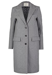 Cappotto di lana grigio con design su misura, con bottoni monopetto, rever a doppio taglio e due tasche frontali. Interno foderato.