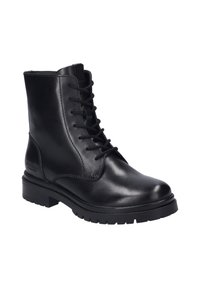 Stivaletto in pelle nera con finitura liscia, dotato di chiusura con lacci, punta rotonda e suola in gomma ruvida e texturizzata per una migliore aderenza.