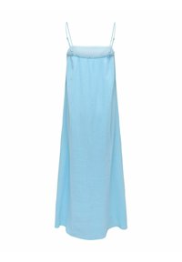 Rochie bleu deschis fără mâneci, cu bretele subțiri reglabile și o croială dreaptă, lejeră.