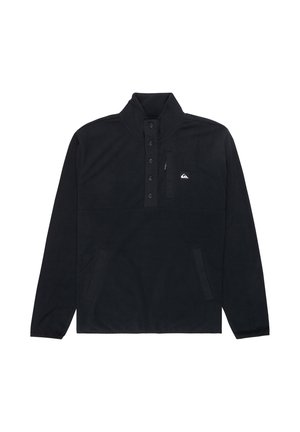 Black fleece pullover with a high collar, button front, and logo patch. Features two side pockets and a smooth texture.