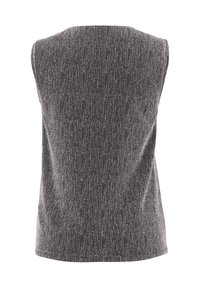 Top senza maniche grigio con un motivo a coste testurizzato. Presenta un collo rotondo e una vestibilità rilassata. Nessun hardware o accenti visibili.