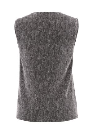 Mouwloze top in het grijs met een gestructureerd, geribbeld patroon. Heeft een ronde halslijn en een relaxte pasvorm. Geen zichtbare metalen onderdelen of accenten.