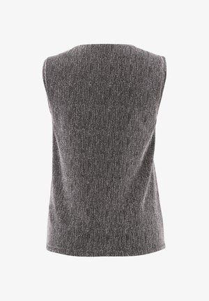 Mouwloze top in het grijs met een gestructureerd, geribbeld patroon. Heeft een ronde halslijn en een relaxte pasvorm. Geen zichtbare metalen onderdelen of accenten.
