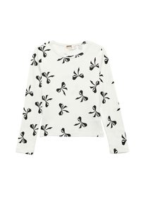 Witte lange blouse van katoen met een zwart strikpatroon, ronde halslijn en rechte zoom. Zachte textuur, casual pasvorm.