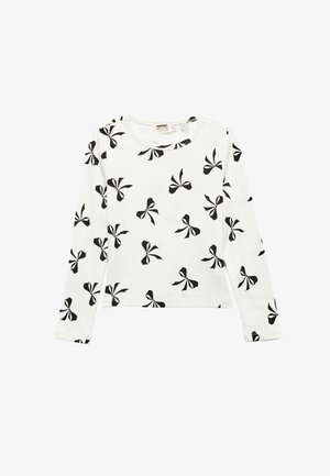 Weißes Langarmshirt aus Baumwolle mit einem schwarzen Schleifenmuster, runder Ausschnitt und geradem Saum. Weicher Stoff, lässige Passform.