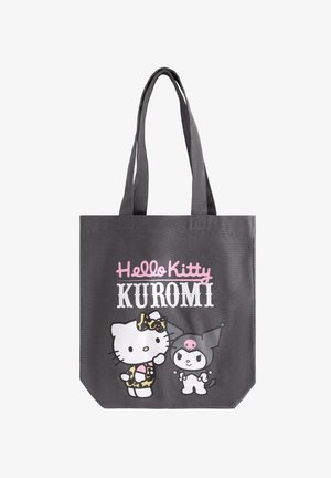 Šedá taška přes rameno s Hello Kitty a Kuromi v kontrastních barvách. Design zahrnuje růžovou mašli na Hello Kitty a hravé detaily.