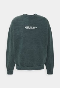 Sudadera verde de manguitos largos, cuello redondo y puños elásticos. Presenta texto blanco: "WILD ISLAND KAOTIKO SOCIETY" en la parte trasera. Textura suave.