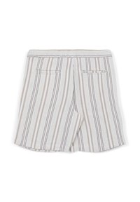 Striped shorts with a white base and beige/brown vertical stripes. Features an elastic waistband and two back pockets. Soft texture.