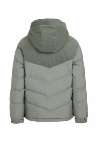 Giacca imbottita grigia con cappuccio in corduroy a contrasto. Presenta un motivo a rombi e polsini elasticizzati per una vestibilità aderente.