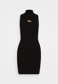 Musta ribbed ilmanhiha dressi korkealla kauluksella ja kullalla logolla etuosassa. Muotonsa myötäilevä muotoilu, sileä tekstuuri, minimalistinen tyyli.