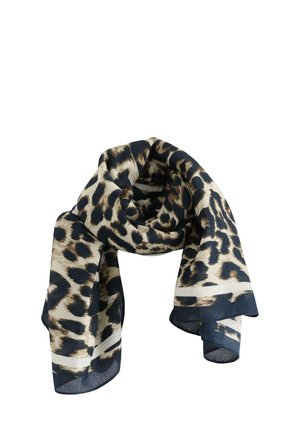 Sciarpa con stampa leopardata nei colori blu navy e beige, in tessuto leggero, con una texture morbida e un design fluido con bordi a contrasto.