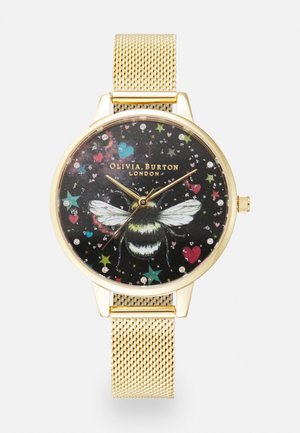Guldnetremur med sort urskive med en humlebi, farverige stjerner, hjerter og teksten "Olivia Burton London".