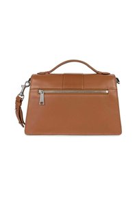 Borsa a mano in pelle marrone con design strutturato, manico superiore, tracolla staccabile e tasca con zip frontale.