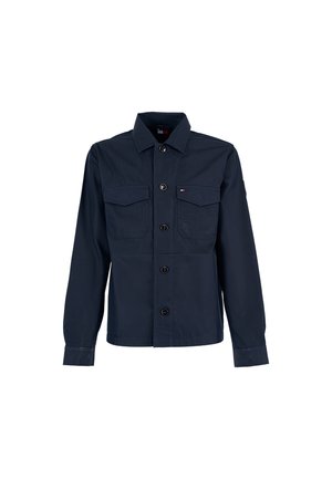 Giacca blu navy in cotone, con chiusura a bottoni, due tasche sul petto e maniche lunghe con polsini a bottone. Design semplice, senza pattern.