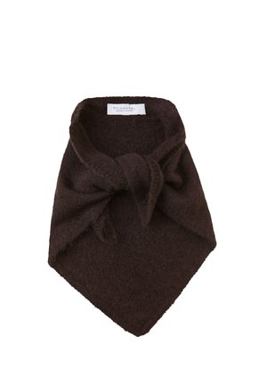 Dunkelbrauner gestrickter Schal mit Schlaufen- und Knotendesign, mit einem weißen Etikett mit dem Markennamen Rich Royal.