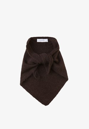 Bufanda tejida de color marrón oscuro con diseño de lazo y nudo, con una etiqueta blanca con el nombre de la marca Rich Royal.
