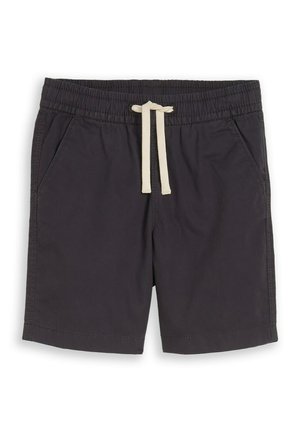 Shorts noirs décontractés avec taille élastique, cordon blanc et poches latérales, présentés sur fond blanc.
