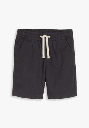 Schwarze Freizeithose mit elastischem Bund, weißem Kordelzug und Seitentaschen, vor weißem Hintergrund dargestellt.