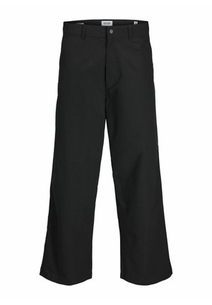 Black wide-leg pants with a flat front and belt loops, made from a smooth fabric, featuring side pockets and loose-fitting legs.