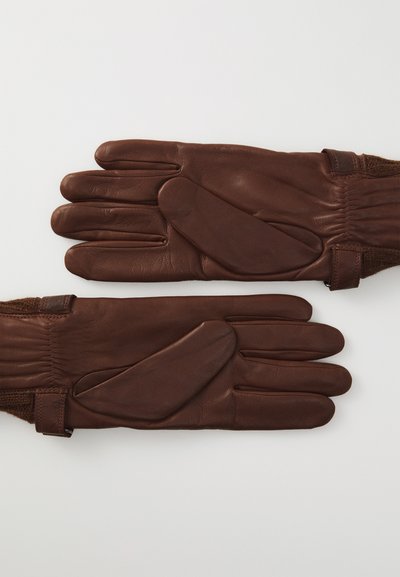 Gants en cuir marron avec une texture lisse, un design ajusté et un rembourrage sur les paumes, dotés de poignets élastiques pour un maintien sécurisé.