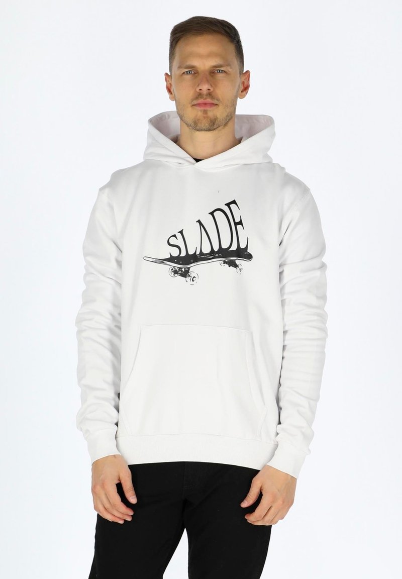 Felpa bianca con logo "SLADE" e grafica di skateboard. Presenta una tasca frontale e polsini e orlo a costine. Tessuto morbido.