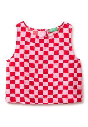 Ärmelloses rosa Crop-Top mit rotem Schachbrettmuster und rundem Halsausschnitt, mit einem grünen United Colors of Benetton-Label.