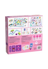 Zestaw do gry planszowej z motywem jednorożca, zawierający kolorowe plansze, kostki, karty, drewniane figurki jednorożców oraz żetony na różowym tle pudełka.