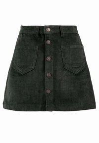 Jupe en velours côtelé vert avec une coupe droite, des poches avant et cinq boutons en métal sur le devant pour la fermeture. Texture à côtes verticales.