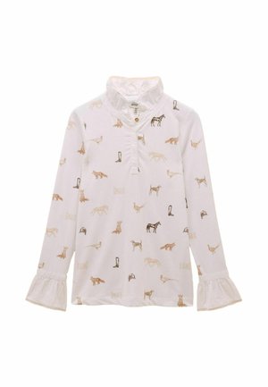 Balta garo piedurkņu krekls ar henley apkakli, frillētu aproču detalizāciju un viegli brūnā krāsā atkārtotu dzīvnieku un jāšanas aprīkojuma rakstu.