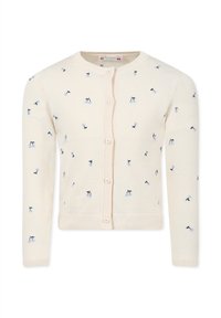 Cardigan lavorato a maglia beige con ricami floreali blu, scollo rotondo, maniche lunghe e chiusura frontale con bottoni.