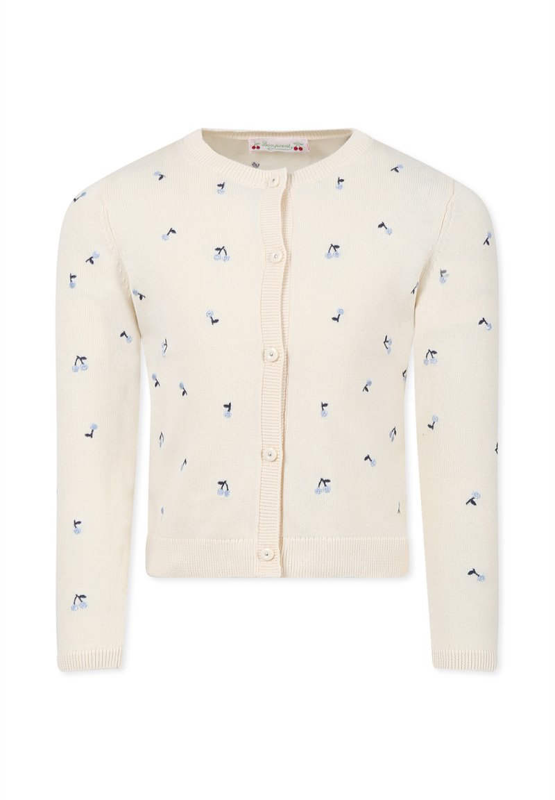 Cardigan lavorato a maglia beige con ricami floreali blu, scollo rotondo, maniche lunghe e chiusura frontale con bottoni.