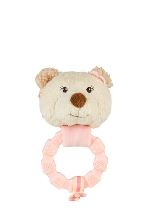 Soft beige teddy bear head attached to a pink textured teething ring with a small striped fabric loop.
