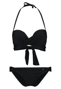 Čierny bikiny s topom v štýle zaväzovania, ktorý má viazanie vpredu, krk na halterneck a zodpovedajúce spodky s bočnými uzlami. Hladká textúra.