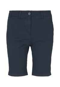 Shorts bleu marine arrivant au genou avec fermeture à boutons, passants pour ceinture et poches avant, présentés sur un fond blanc.