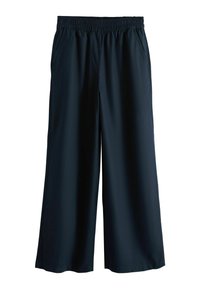 Pantalon bleu marine à jambes larges avec taille élastique et poches latérales, fabriqué en tissu léger.