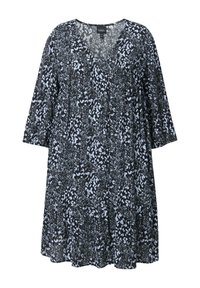 Schwarzes Kleid mit blümchenmuster in hellblau, mit V-Ausschnitt, Dreiviertelärmeln und einem ausgestellt gestuften Saum. Leichter Stoff.