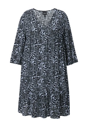 Schwarzes Kleid mit blümchenmuster in hellblau, mit V-Ausschnitt, Dreiviertelärmeln und einem ausgestellt gestuften Saum. Leichter Stoff.