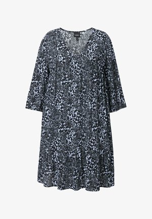 Schwarzes Kleid mit blümchenmuster in hellblau, mit V-Ausschnitt, Dreiviertelärmeln und einem ausgestellt gestuften Saum. Leichter Stoff.