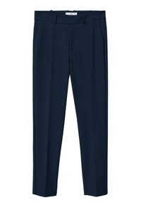 Pantalon bleu marine en tissu lisse, avec une coupe ajustée, des jambes droites et des poches latérales. Aucun motif ou ornement visible.