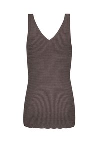 Bruine geribbelde tanktop met een diepe V-halslijn. Heeft een textuur gebreid patroon en een geschulpte zoom aan de onderkant.